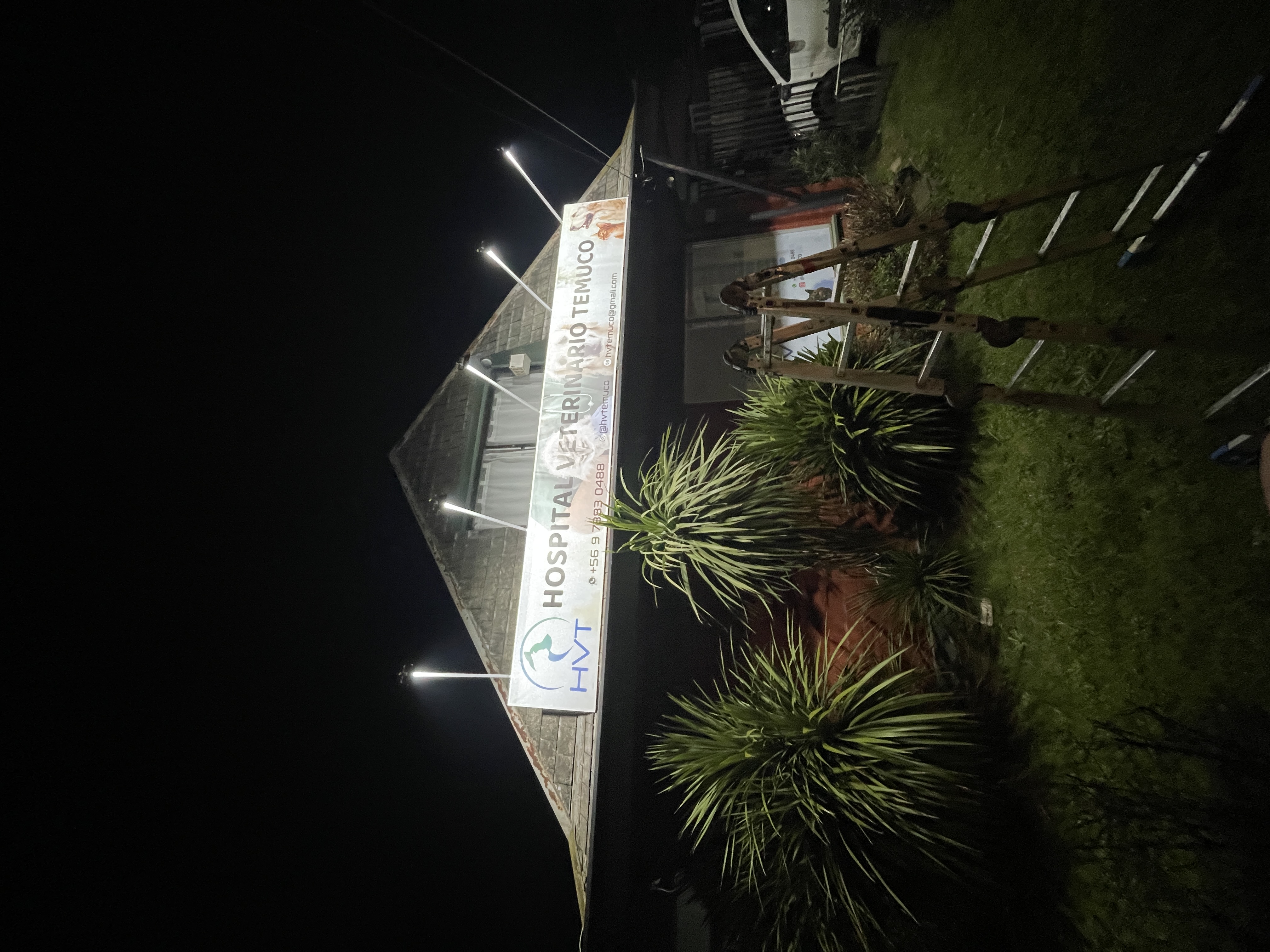 Letrero Hospital Veterinario Temuco con iluminación de proyectores LED de alta potencia